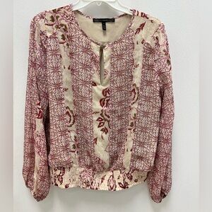 White House Black Market Top Floral Pink Boho Gold Thread Lined Blouse Size L
